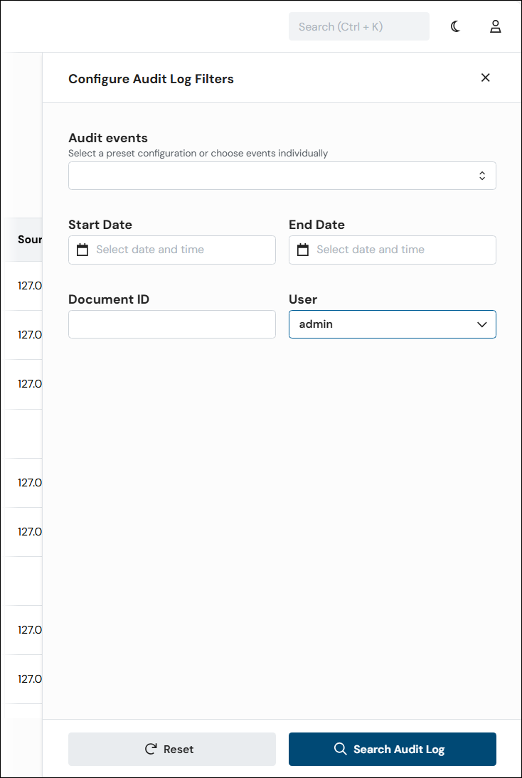 The Configure Audit Log Filters pane on the Audit Log page of Keep.